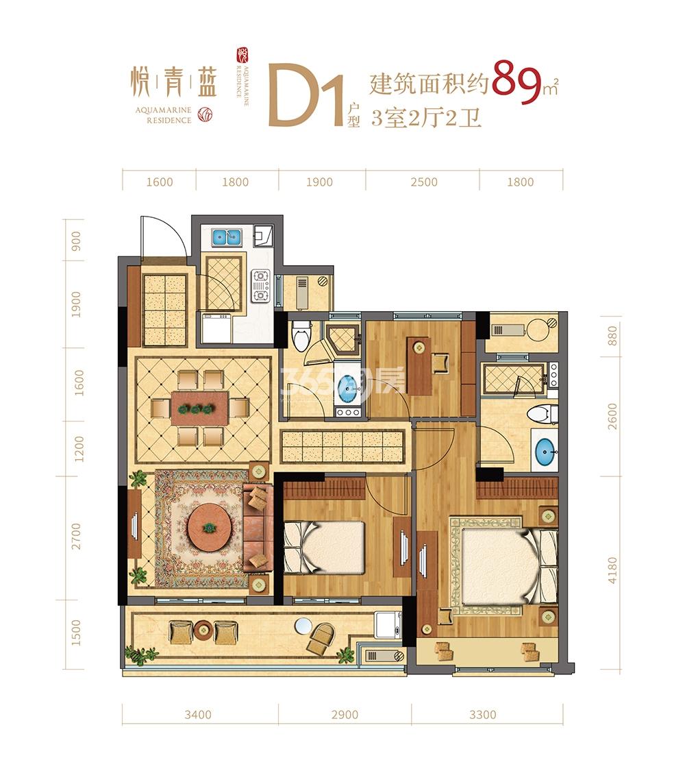 悦青蓝4号楼D1户型89方户型图